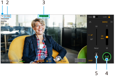Afbeelding die laat zien waar elke parameter zich bevindt op het Video Pro-streamingmodusscherm. Linker bovengebied, van links naar rechts, 1 t/m 3. Rechter ondergebied, van rechts naar links, 4 en 5.