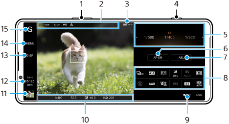 Hình ảnh hiển thị vị trí của từng thông số được đặt trên màn hình chờ Photo Pro ở chế độ AUTO/P/S/M. Cạnh phía trên của thiết bị, 1 và 4. Vùng trung tâm, 2 và 3. Vùng bên phải từ trên xuống dưới, 5 đến 8. Vùng bên dưới, 9 và 10. Vùng bên trái từ dưới lên trên, 11 đến 15.