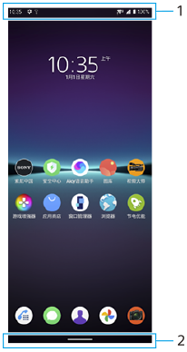 图像显示了每个功能在主屏幕上的位置。上部区域，1。底部区域，2。