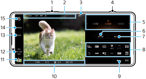 图像显示了AUTO/P/S/M模式下摄影大师待机画面上每个参数的位置。设备上侧，1和4。中央区域，2和3。右侧区域，从上到下，5到8。底部区域，9和10。左侧区域，从下到上，11到15。