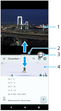 Billede af delt skærm og komponenter, der viser hver del med nummer. Øverste halvdel, 1. Partitionslinje, 2. Ikon for skift i multivindue på partitionslinjen, 3. Nederste halvdel, 4.