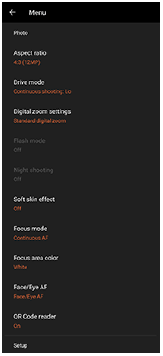 Image of the Photo Pro settings menu
