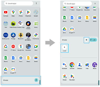Image showing where to tap to unlock Private space in the app drawer and image showing the Settings icon and Install icon in Private space