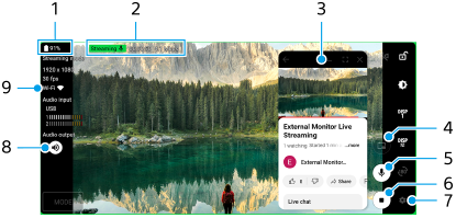 Image showing where each parameter is located on the Streaming mode screen in the External monitor app. Upper left area, 1. Center area, 2 and 3. Right area from top to bottom, 4 to 7. Left area, from bottom to top, 8 and 9.