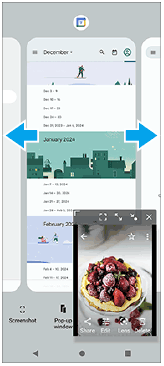 Imagen que muestra dónde pasar el dedo para seleccionar la aplicación que quiere mostrar en la pantalla completa en el modo de ventana emergente