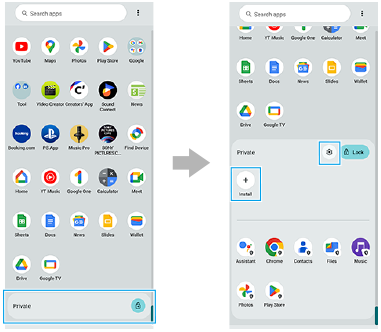 Imagen que muestra dónde puntear para desbloquear el Espacio privado en el cajón de aplicaciones e imagen que muestra el icono Ajustes y el icono Instalar en el Espacio privado