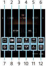 Bilde som viser hvor hvert enkelt ikon er plassert i standby-skjermbildet for Photo Pro i AUTO/P/S/M-modus i liggende retning. Øvre rad fra venstre til høyre, 1 til 6. Nedre rad fra venstre til høyre, 7 til 12.