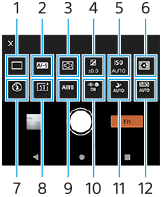 Bilde som viser hvor hvert enkelt ikon befinner seg i standby-skjermbildet for Photo Pro som vises etter at du har trykket på Fn-knappen, i AUTO/P/S/M-modus i stående retning. Øvre rad fra venstre til høyre, 1 til 6. Nedre rad fra venstre til høyre, 7 til 12.