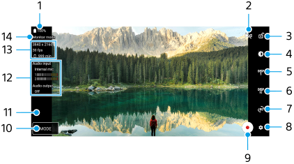 Bilde som viser hvor hver parameter befinner seg på skjermbildet Skjermmodus i appen Ekstern skjerm. Høyre område, fra øverst til nederst, 2 til 9. Venstre område, fra nederst til øverst, 10 til 14 og 1.