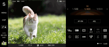 Obraz ekranu gotowości aplikacji Photo Pro w trybie priorytetu szybkości migawki w orientacji poziomej