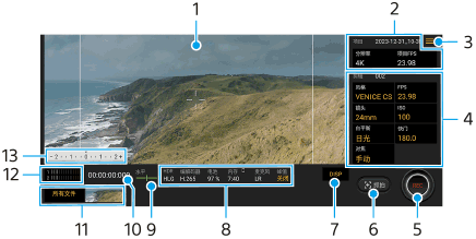 图像显示了电影大师应用程序屏幕上每个参数的位置。左上区域，1。右上区域，2和3。中右区域，4。底部区域，从右到左，5到13。