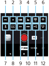 カメラアプリのプロ動画モードで、ファンクションメニューの並びを示した画面。上段左から右へ1から6、下段左から右へ7から12。