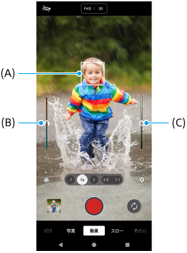 動画モードの撮影画面で、フォーカス枠A、色合いを調整するスライダーB、明るさを調整するスライダーCを示した画面。