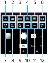 Изображение, показващо къде се намира всяка икона в менюто Функция в режим [Про] на приложението Камера. Горен ред, от ляво на дясно, от 1 до 6. Долен ред, от ляво на дясно, от 7 до 12.