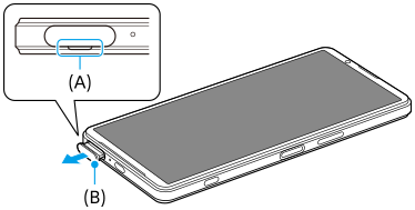 Diagram of dragging out the tray on the bottom side in front view. Notch on the cover of the tray, A. Cover of the tray, B.