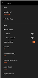 Image of the Camera settings menu in the [Photo] mode