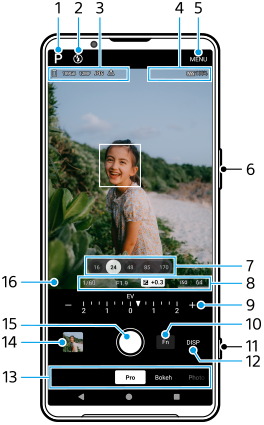 Image showing where each parameter is located on the Camera app in the [Pro] mode. Upper area, 1 to 5. Right side of the device, 6 and 11. Lower area, 7 to 10 and 12 to 16.
