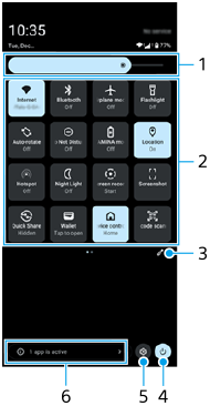 Image showing where each function is located in the Quick settings panel. Upper area from top to bottom, 1 to 3. Bottom area from right to left, 4 to 6.