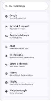 Image showing the items in the Settings menu