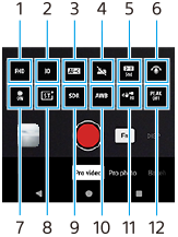 Image indiquant l’emplacement de chaque icône dans le menu des fonctions du mode [Vidéo Pro] de l’application Appareil photo. Ligne supérieure de gauche à droite, 1 à 6. Ligne inférieure de gauche à droite, 7 à 12.