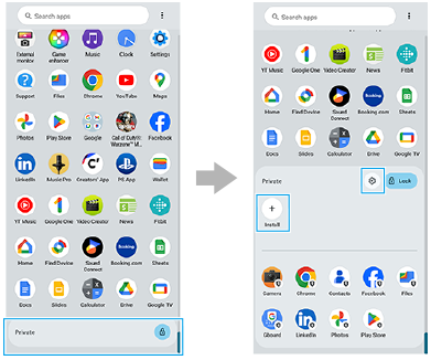 Image indiquant où toucher pour déverrouiller l’espace privé dans le panneau des applis et image indiquant l’icône Paramètres et l’icône Installer dans l’espace privé