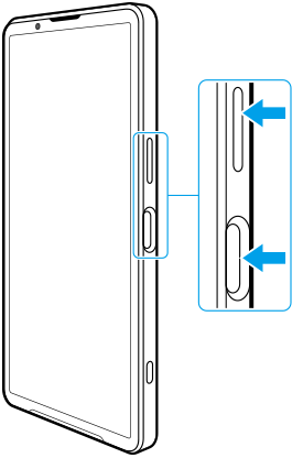 正面図、右側面の音量プラスボタンと電源ボタンを示した図。