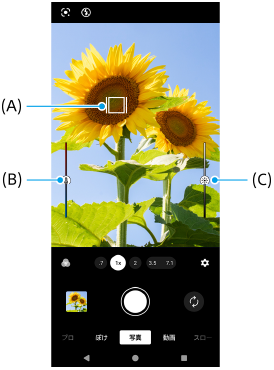写真モードの撮影画面で、フォーカス枠A、色合いを調整するスライダーB、明るさを調整するスライダーCを示した画面。