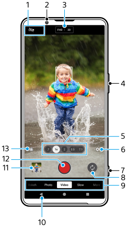 Hình ảnh hiển thị vị trí của từng chức năng được đặt trên chế độ [Video] trong ứng dụng Camera. Vùng phía trên, 1 đến 3. Cạnh bên phải của thiết bị, 4 và 7. Vùng phía dưới, 5, 6, và 8 đến 13.
