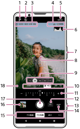 カメラアプリのプロ写真モードの各部の名称。画面上部1から6、本体右側面7と13、画面中央8、画面下部9から14と15から18。