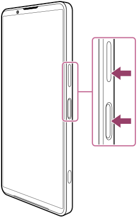 Diagram med enheden vist forfra, der viser lydstyrke ned-knappen og afbryderknappen på den højre side.