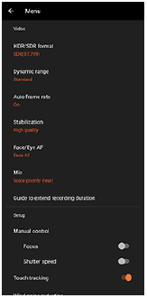 Image of the Camera settings menu in the [Video] mode