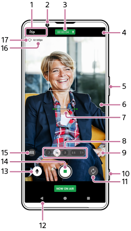 Image showing where each parameter is located on the [Live streaming] screen. Upper area, 1 to 4 and 16 to 17. Right side of the device, 5 and 10. Center area, 6 and 7. Bottom area, 8 to 9 and 11 to 15.