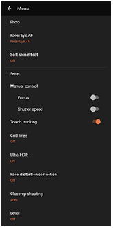 Image of the Camera settings menu in the [Photo] mode