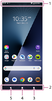 Image showing where each function is located on the Home screen. Upper area, 1. Bottom area from right to left, 2 to 5.