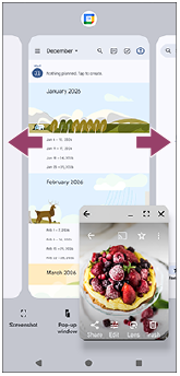Image showing where to swipe to select the app that you want to display in the full-screen when using the pop-up window mode