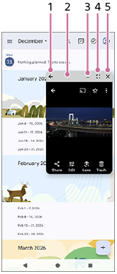 Image showing where each icon is located in the pop-up window. Upper-right area from left to right, 1 to 5.