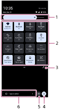 Image showing where each function is located in the Quick settings panel. Upper area from top to bottom, 1 to 3. Bottom area from right to left, 4 to 6.
