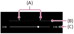 Image of setting the slow-motion effect. Upper handles and timeline, A and B. Lower right, C.
