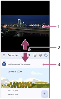 Image of split-screen and components, showing each part by number. Upper half, 1. Partition line, 2. Lower half, 3.