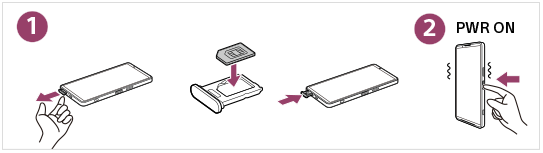 Imagen que muestra cómo extraer la bandeja de la tarjeta SIM, insertar una tarjeta SIM y, a continuación, encender el dispositivo.