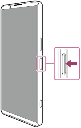 Diagrama de la vista frontal que muestra el botón de encendido en el lado derecho.