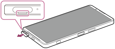 Illustration du retrait du support sur la face inférieure dans la vue de face. L'emplacement de l'encoche sur l'appareil est indiqué.