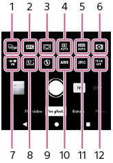 Image indiquant l’emplacement de chaque icône dans le menu des fonctions du mode [Photo Pro] de l’application Appareil photo. Ligne supérieure de gauche à droite, 1 à 6. Ligne inférieure de gauche à droite, 7 à 12.