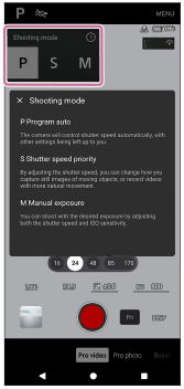 Image de la sélection d’un mode de prise de vue dans le mode [Vidéo Pro] de l’application Appareil photo