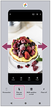 Immagine che mostra la posizione in cui scorrere per selezionare l'app da visualizzare nella finestra piccola e la posizione del pulsante della finestra pop-up
