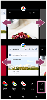 Immagine che mostra la posizione in cui scorrere per selezionare le app per lo schermo diviso e la posizione dell’icona Fatto