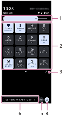 クイック設定パネルの各項目を引き出した画面。画面上部上から下へ1から3、画面下部右から左へ4から6。