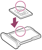 Diagrama de colocação de um cartão SIM no tabuleiro. O canto angular do cartão SIM e o canto angular do tabuleiro estão assinalados com um círculo.