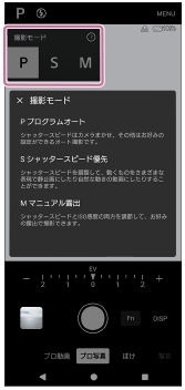 カメラアプリのプロ写真モードで撮影モードを選ぶ画面。