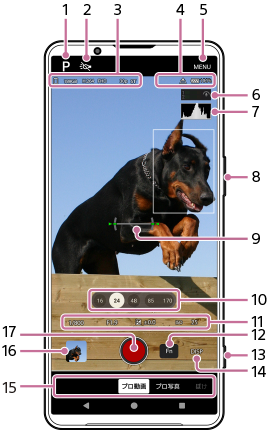 カメラアプリのプロ動画モードの各部の名称。画面上部1から7、本体右側面8と13、画面中央9、画面下部10から12と14から17。